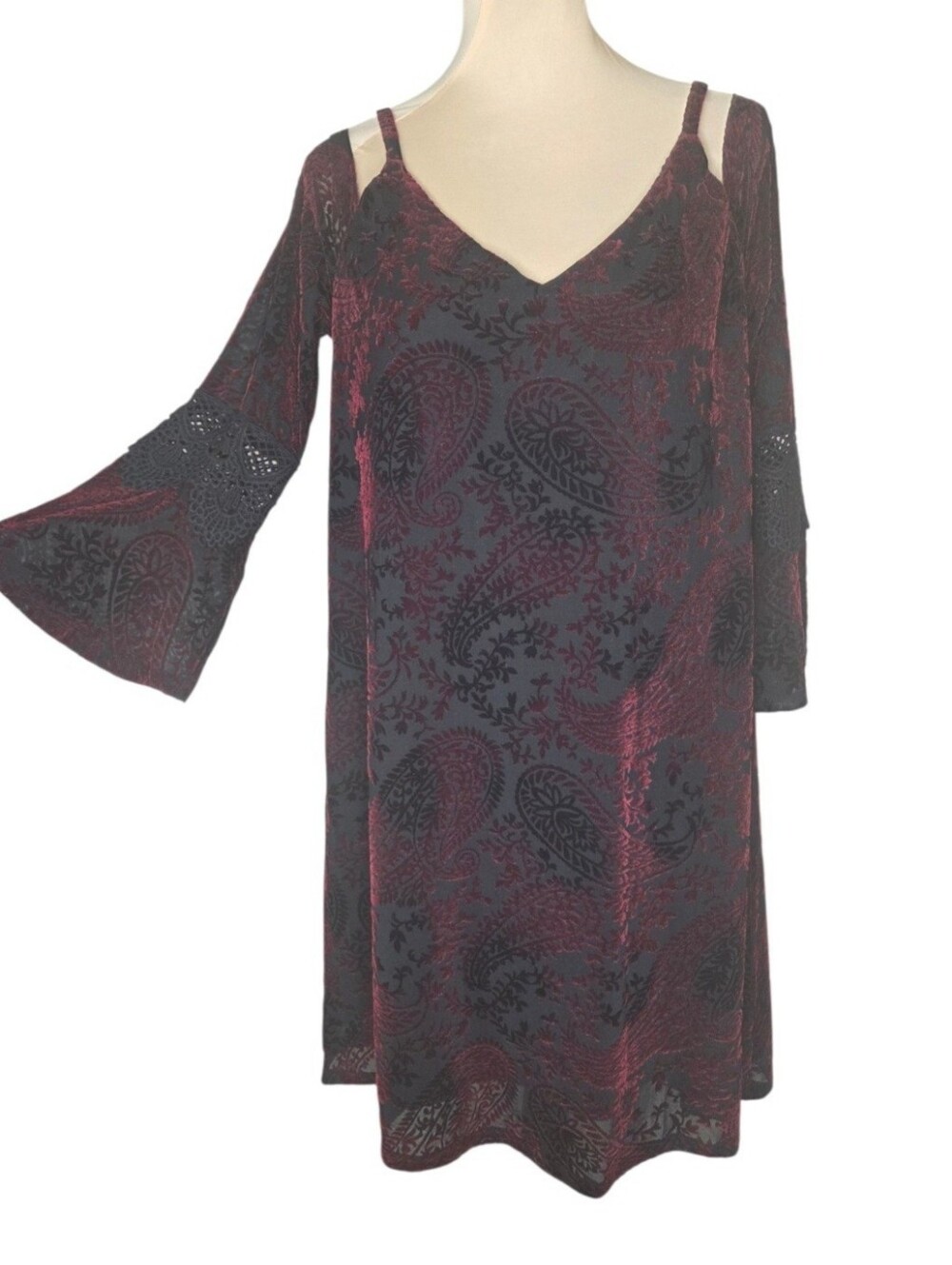 Mystree Burgundy Velvet Burnout Paisley Cold Shoulder Bell Sleeve Dress M